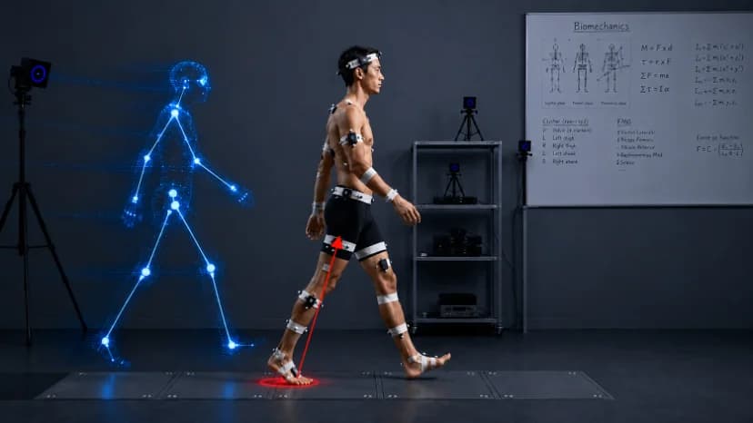 A man walking across a motion-capture laboratory in marker clusters, a force vector under his foot, beside a digital twin of the same stride.