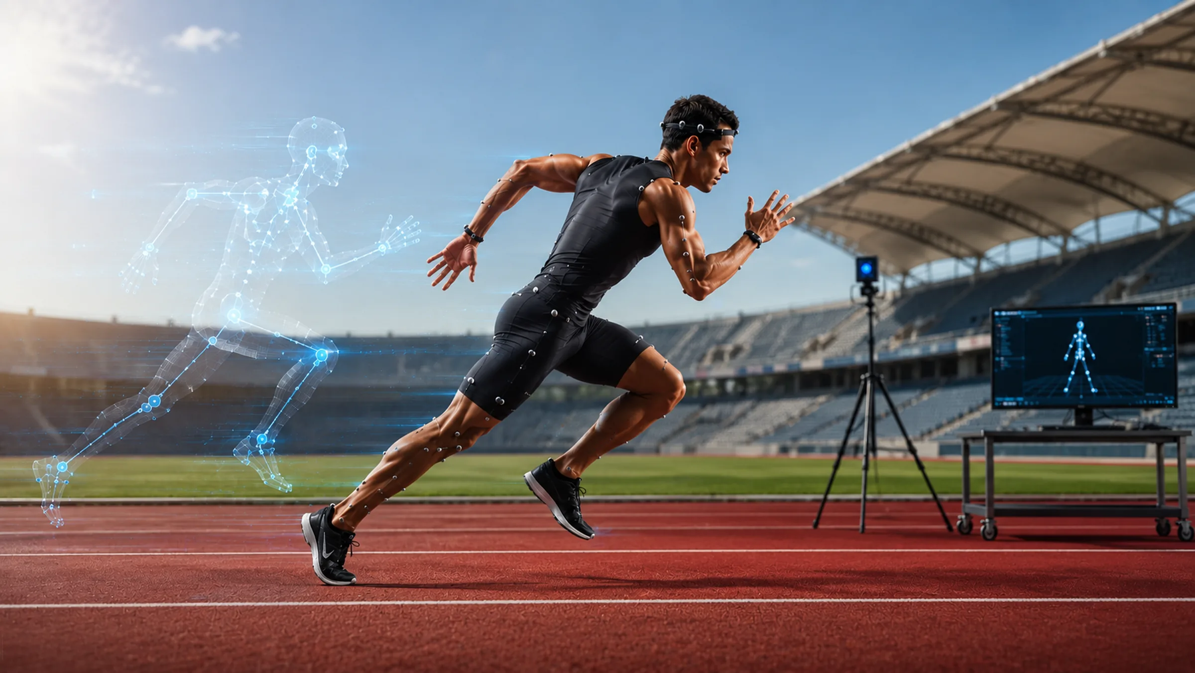 A sprinter driving out of the blocks on an outdoor track in a marker suit, beside a digital twin of the same pose.