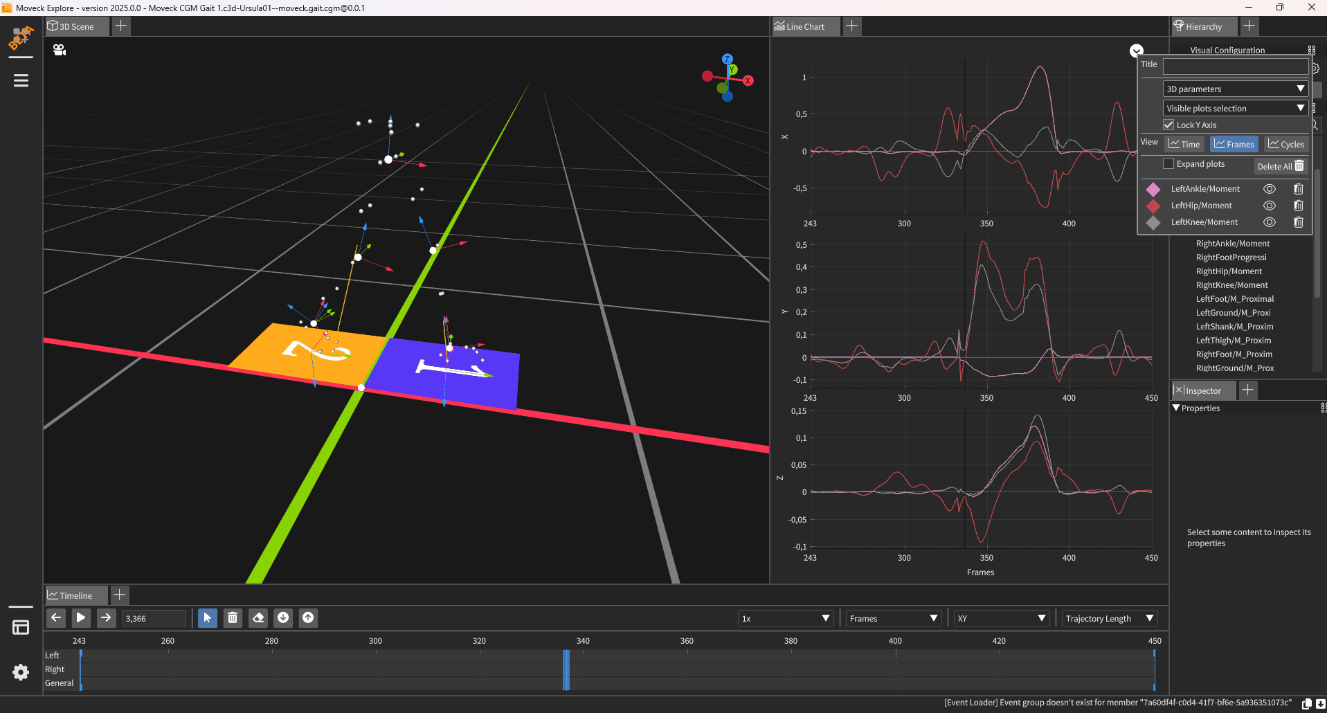 Markers, segments and force vectors in the interactive 3D scene.